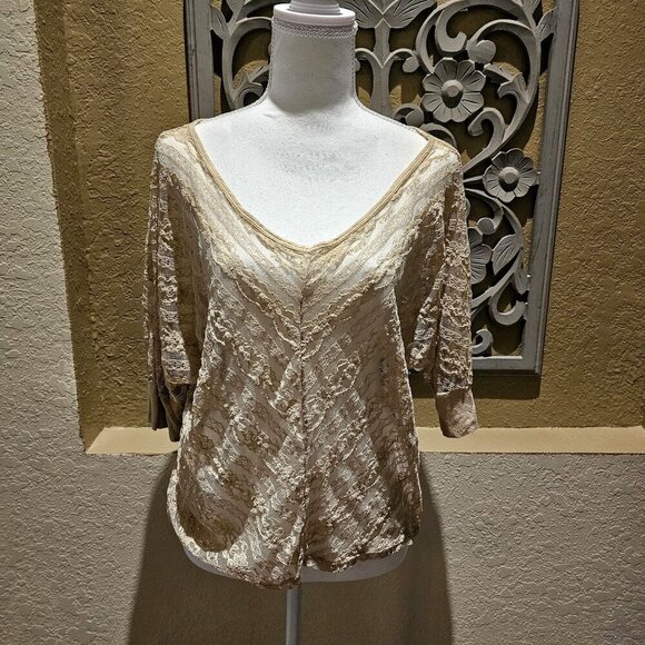 Full Tilt L Lace Champagne Top Feminine Whimsy Vintage Fairy Sheer Romantic Boho - Picture 1 of 11
